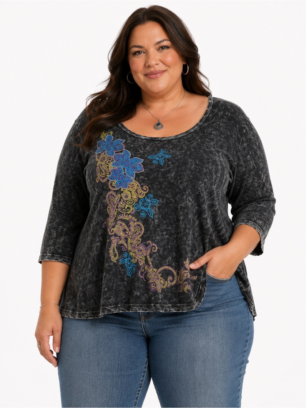 Westbound Floral embellished jeweled‎ top, Size 2X